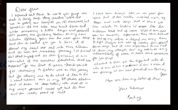britney spears letter to fans