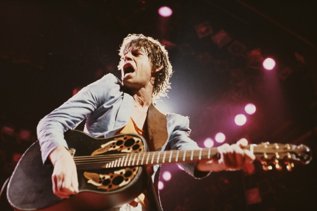 Mick Jagger performing with the Rolling Stones, circa 1980.
