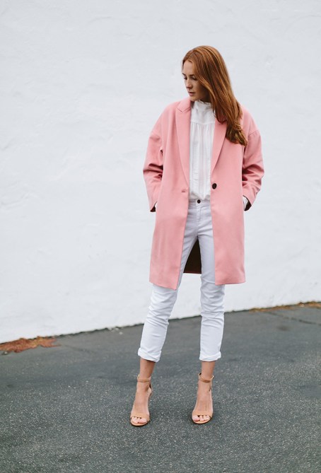 pink coat white outfit