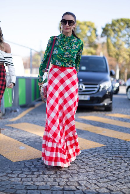 STYLECASTER | How to Wear Clashing Colors | Green Floral Top and Red Picnic Print Skirt