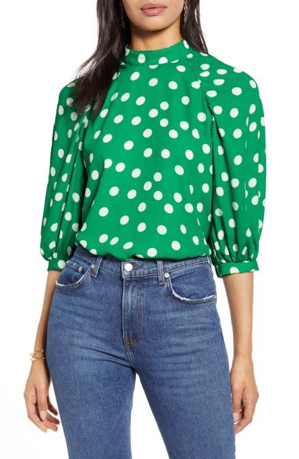 STYLECASTER | Nordstrom Sale Tops 2020 | green and white polka dot blouse