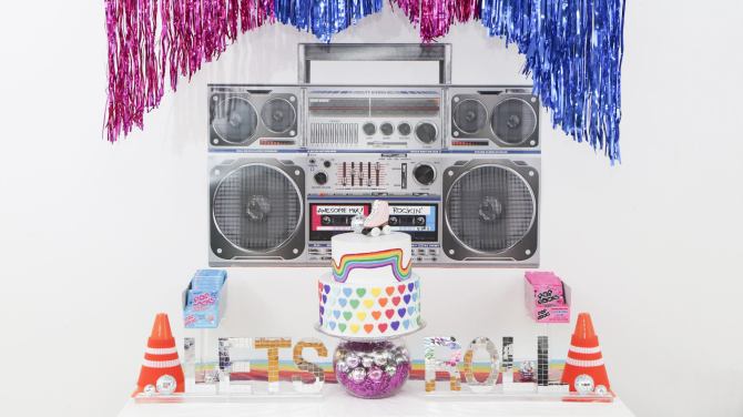 A decor vignette from a roller derby party