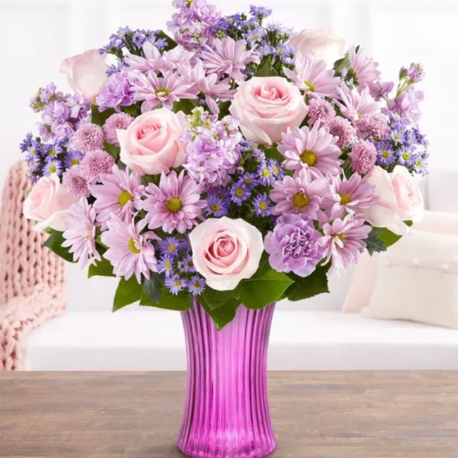Bouquet of pink and purple flowers from 1-800-flowers.com