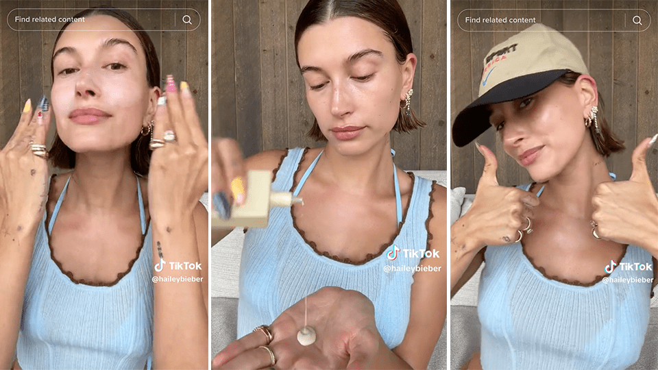Hailey Bieber applying Summer Fridays' ShadeDrops Mineral Milk Sunscreen on TikTok