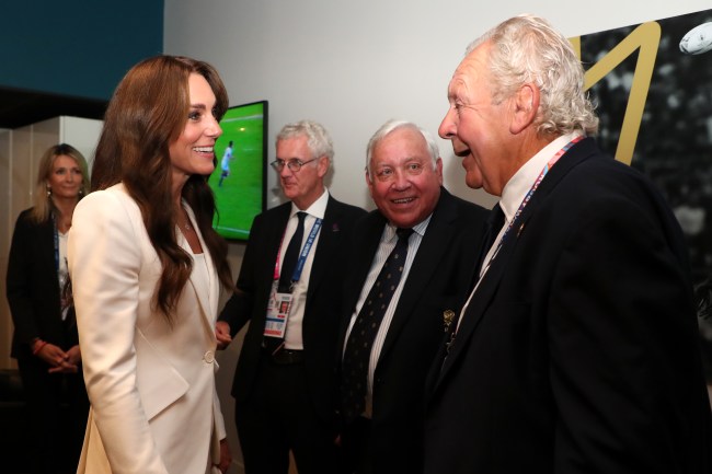 Catherine, Princess of Wales and Patron of the England Rugby Football Union (RFU), speaks with Sir Bill Beaumont CBE, Chairperson of World Rugby on 