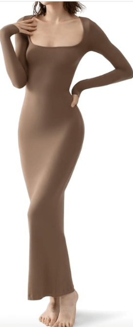 PUMIEY Women's Square Neck Long Sleeve Maxi Dress