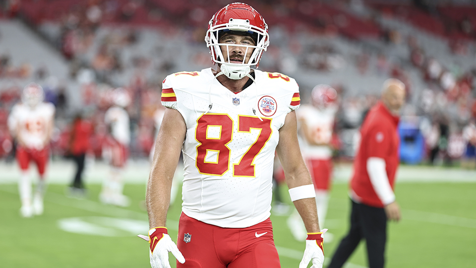 GLENDALE, ARIZONA - AUGUST 19: Travis Kelce #87 of the Kansas City Chiefs reacts as he warms up prior to an NFL preseason football game between the Arizona Cardinals and the Kansas City Chiefs at State Farm Stadium on August 19, 2023 in Glendale, Arizona. (Photo by Michael Owens/Getty Images)