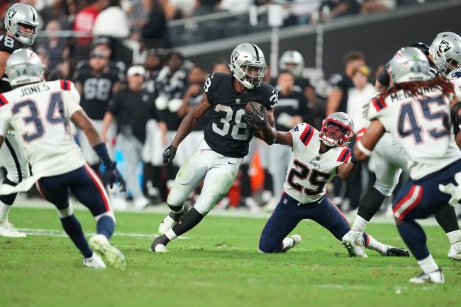 LAS VEGAS, NEVADA - AUGUST 26: Running back Brittain Brown #38 of the Las Vegas Raiders runs against the New England Patriots during the second half of a preseason game at Allegiant Stadium on August 26, 2022 in Las Vegas, Nevada. (Photo by Chris Unger/Getty Images)