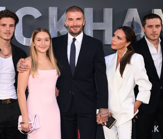 Harper Beckham, David Beckham and Victoria Beckham attend the Netflix 'Beckham' UK Premiere at The Curzon Mayfair on October 03, 2023 in London, England.