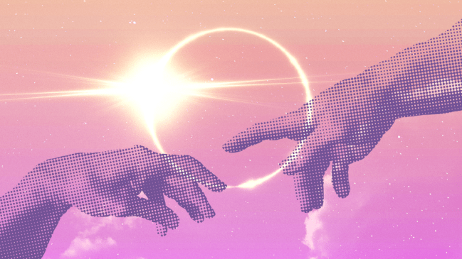 Two hands reaching to touch each other over a solar eclipse