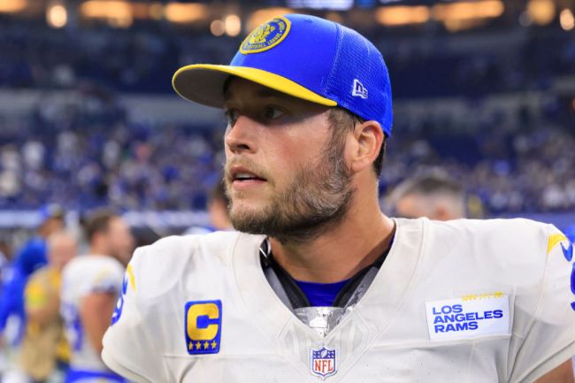INDIANAPOLIS, INDIANA - OCTOBER 01: Matthew Stafford #9 of the Los Angeles Rams on the field after a win over the Indianapolis Colts at Lucas Oil Stadium on October 01, 2023 in Indianapolis, Indiana.