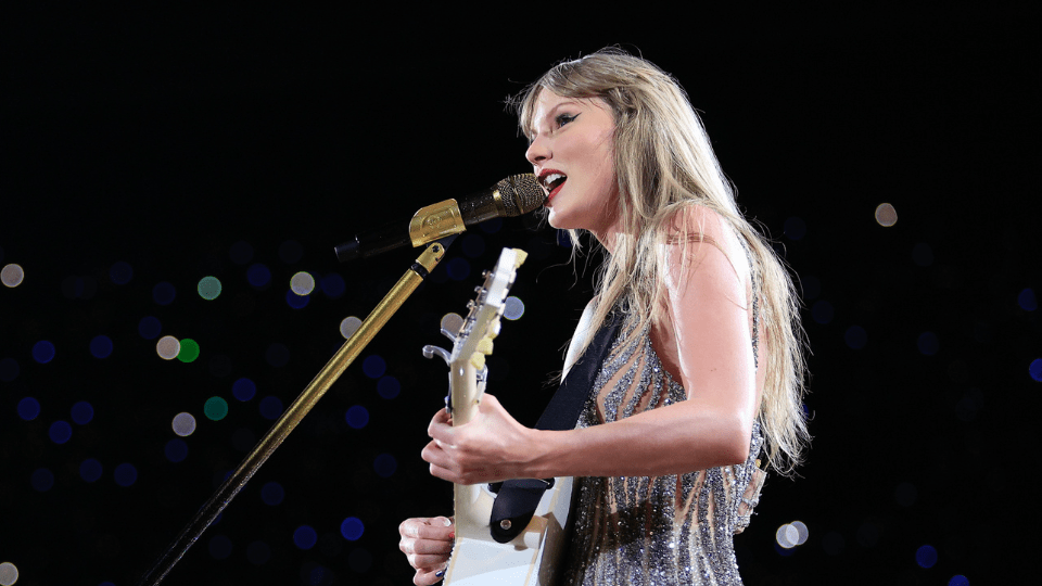 Taylor Swift performing at The Eras Tour in Rio de Janeiro, Brazil.