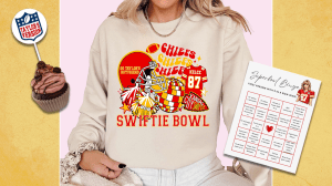 Left to Right: a cupcake with a Taylor Swift NFL cupcake topper, a Taylor Swift Kansas City Chiefs sweatshirt and a Taylor Swift Super Bowl Bingo card