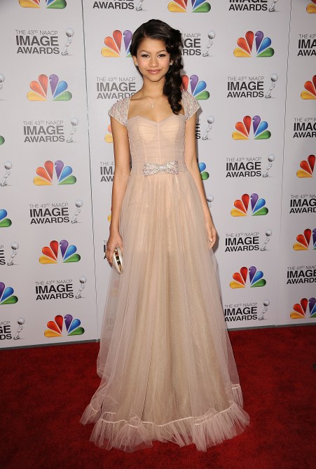 Zendaya in a blush pink tulle dress on the NAACP Image Awards red carpet in 2012
