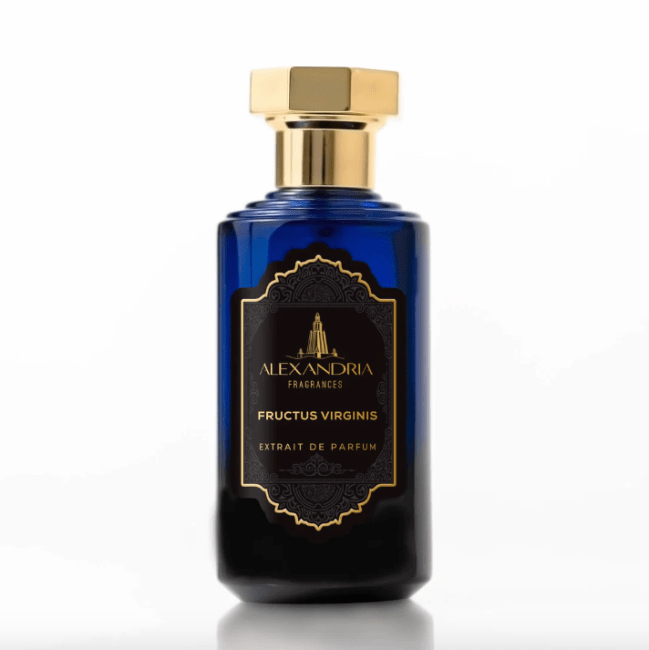 Alexandria Fragrances Fructus Virginis in a dark blue bottle with a gold cap.