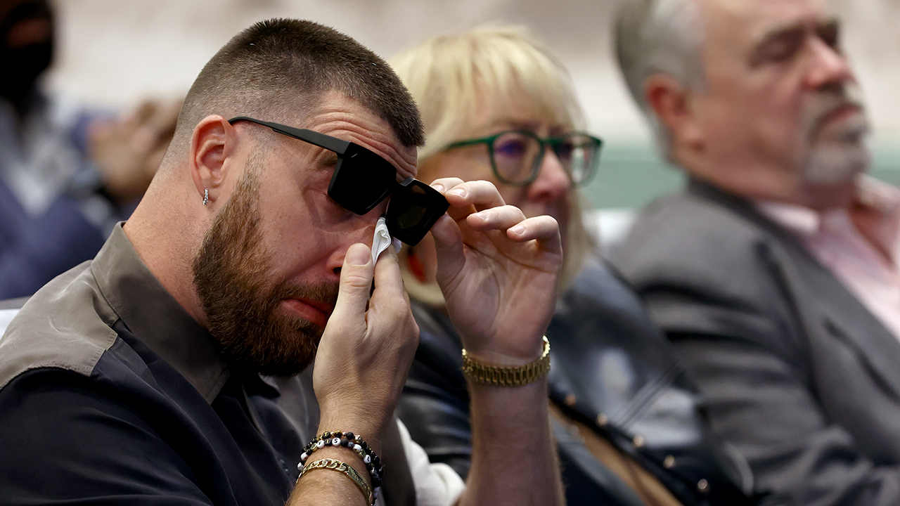 Travis Kelce Reacts To His Brother Jason Announcing His Retirement. Travis Kelce #87 of the Kansas City Chiefs reacts during his brother, Jason's, retirement from the NFL at NovaCare Complex on March 04, 2024 in Philadelphia, Pennsylvania.