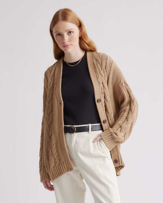 100% Organic Cotton Oversized Cable Cardigan in camel