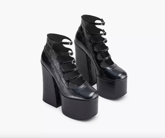 Marc Jacobs The Croc Embossed Kiki Ankle Boot, a platform ankle boot with buckles.
