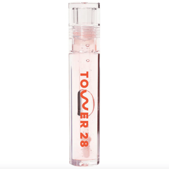 Tower 28 ShineOn Lip Jelly Gloss in Chill, a pinkish clear.