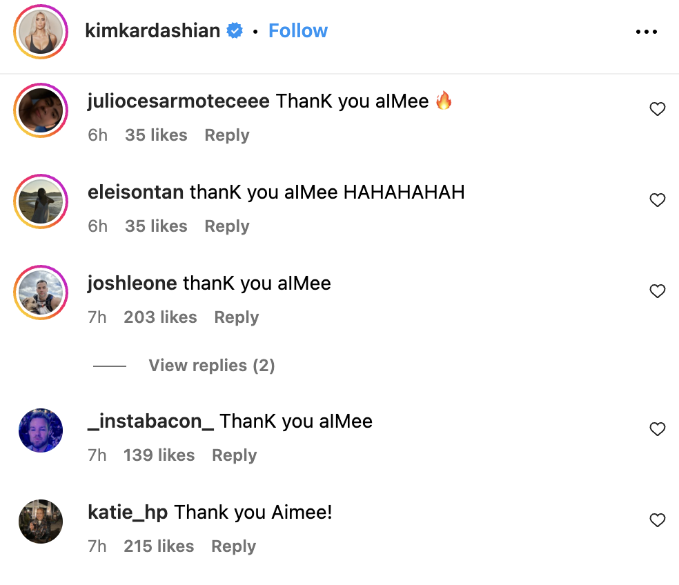 Kim Kardashian responds to Taylor Swift's 'thank you aimee' 