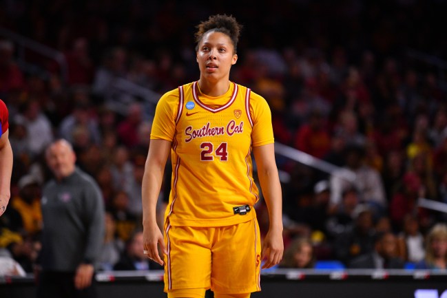 LOS ANGELES, CA - MARCH 25: USC Trojans forward Kaitlyn Davis (24) looks on during the Kansas Jayhawks game versus the USC Trojans in the second round of the NCAA Division I Women's Championship on March 25, 2024, at the Galen Center in Los Angeles, CA.