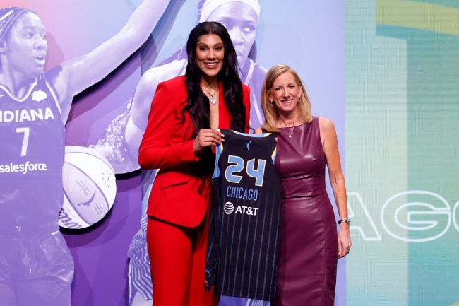 NEW YORK, NEW YORK - APRIL 15: Kamilla Cardoso poses with WNBA Commissioner Cathy Engelbert after being selected third overall pick by the Chicago Sky during the 2024 WNBA Draft at Brooklyn Academy of Music on April 15, 2024 in New York City.