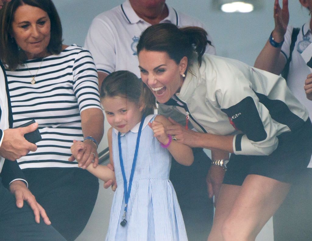 Carole Middleton, Princess Charlotte and Catherine, Duchess of Cambridge attend the presentation following the King's Cup Regatta on August 08, 2019 in Cowes, England. 