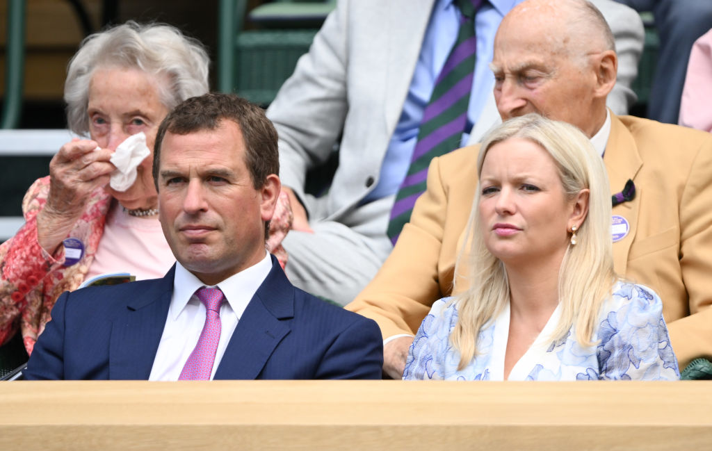 Peter Phillips and Lindsay Wallace attend day ten of the Wimbledon Tennis Championships at the All England Lawn Tennis and Croquet Club on July 12, 2023 in London, England.