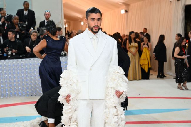 Puerto Rican singer Bad Bunny arrives for the 2023 Met Gala at the Metropolitan Museum of Art on May 1, 2023, in New York. - The Gala raises money for the Metropolitan Museum of Art's Costume Institute.