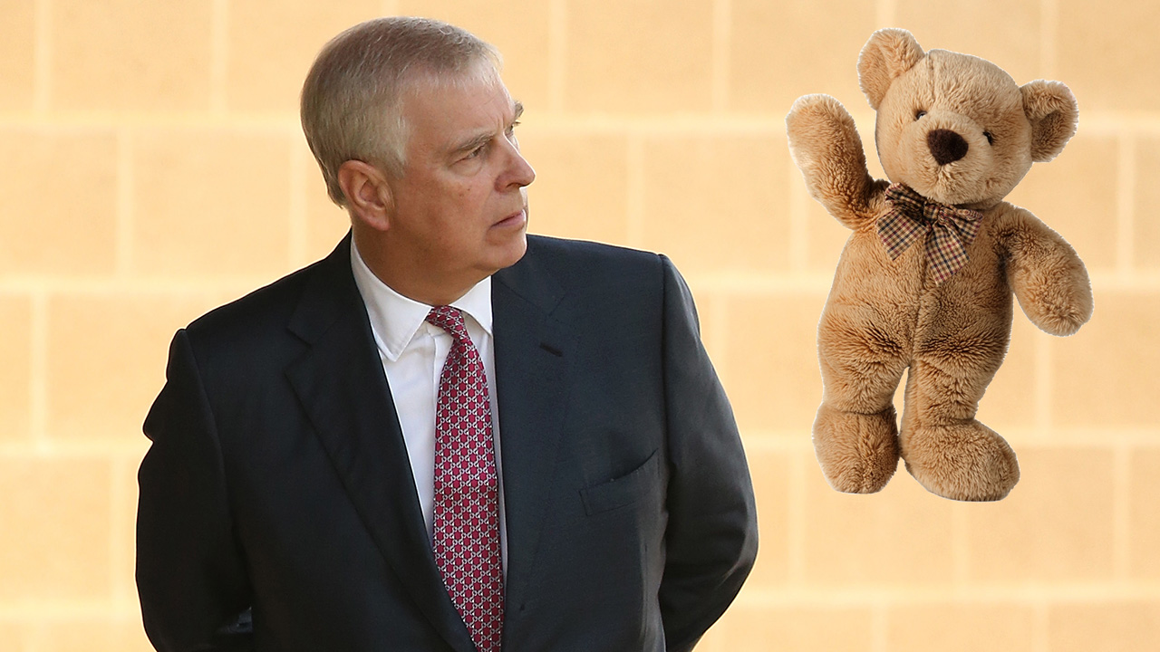 Prince Andrew, a white man in a suit and a teddy bear