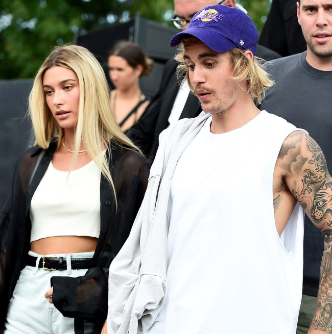 Hailey Baldwin (L) and Justin Bieber attend the John Elliott front row during New York Fashion Week: The Shows on September 6, 2018 in New York City.