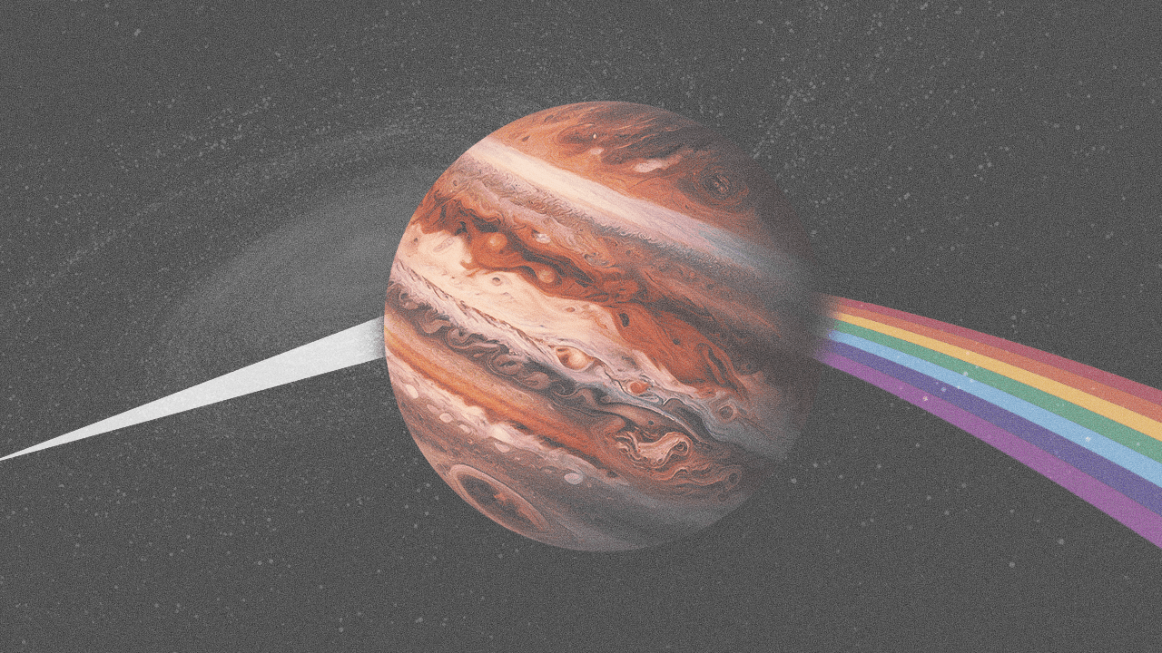Planet Jupiter beside a rainbow, in representation for Jupiter entering Cancer during pride month