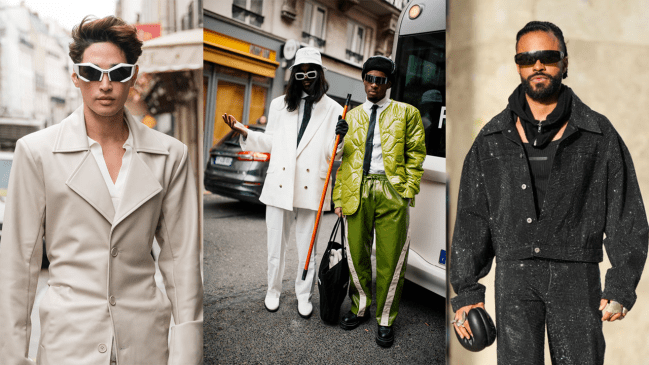 Left: A guest wears cream leather coat, black bag, outside Wooyoungmi, during the Menswear Fall/Winter 2024/2025 as part of Paris Fashion Week on January 21, 2024 in Paris, France. Middle: Two people with one wearing an all-white outfit and the other wearing an all-green outfit. Both wear hats and sunglasses at Paris Men's Fashion Week on January 21, 2024 in Paris, France. Right: Theo Kimbaloula wears sunglasses, a scarf, a black tank top, a black glittering shiny jacket, matching flared pants, a leathe rpuff bag outside Yuima Nakazato, during the Haute Couture Spring/Summer 2024 as part of Paris Fashion Week on January 24, 2024 in Paris, France.