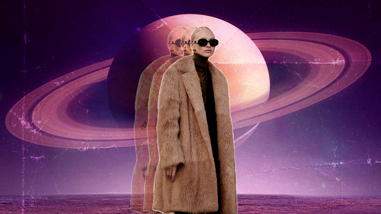 A double exposure of a woman standing in front of planet Saturn over a bright purple night sky