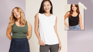 Three Boody models wearing tank tops (from left to right: green, white, and black)