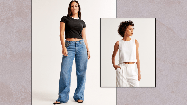 Left: Abercrombie & Fitch model wearing baggy, relaxed blue jeans. Right: Abercrombie & Fitch model wearing a white linen sleeveless top.