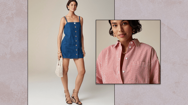 Left: J.Crew model wearing a strapless blue denim mini dress with buttons down the front middle. Right: J.Crew model wearing a crisp red and white striped button-down shirt.