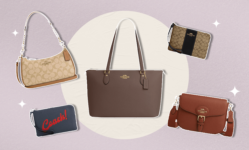 Left to Right: Coach Outlet shoulder bag, wristlet, tote bag, wristlet, and saddle bag.