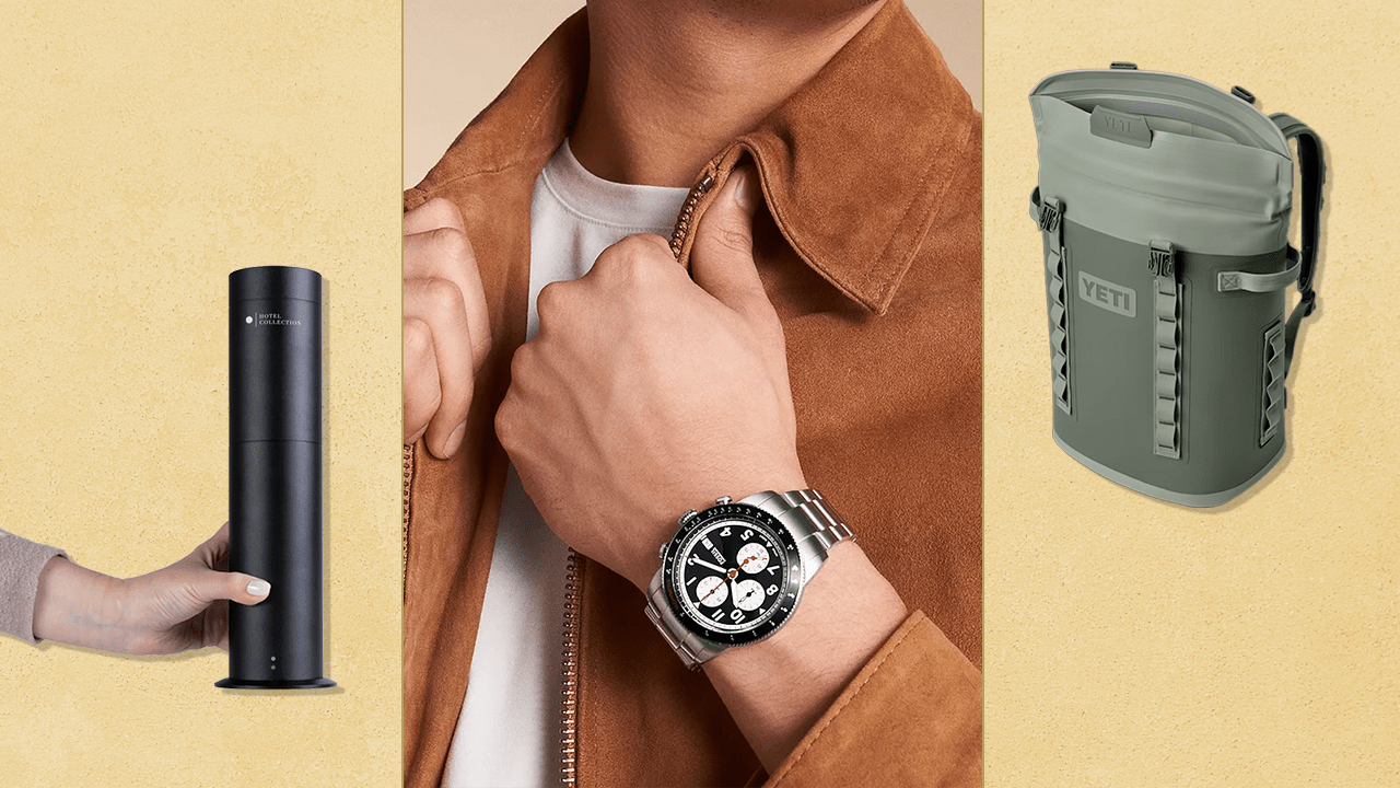 From left to right: A tall black fragrance diffuser, a man's wrist with a Fossil watch, a green Yeti cooler backpack