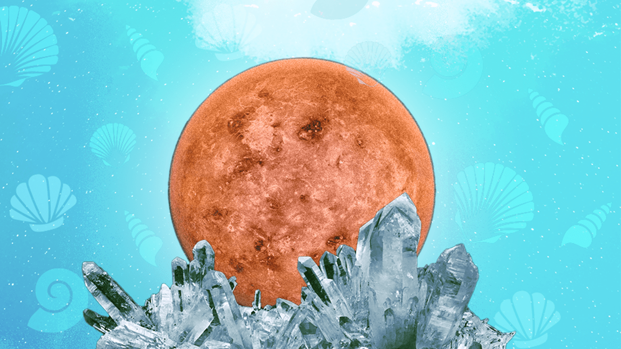 Planet Venus in front of a blue seashell background and surrounded by clear quartz crystals