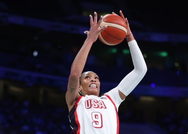 A'Ja Wilson #9 of Team United States grabs a rebound during the Women's Group Phase - Group C game between Japan and United States on day three of the Olympic Games Paris 2024 at Stade Pierre Mauroy on July 29, 2024 in Lille, France.