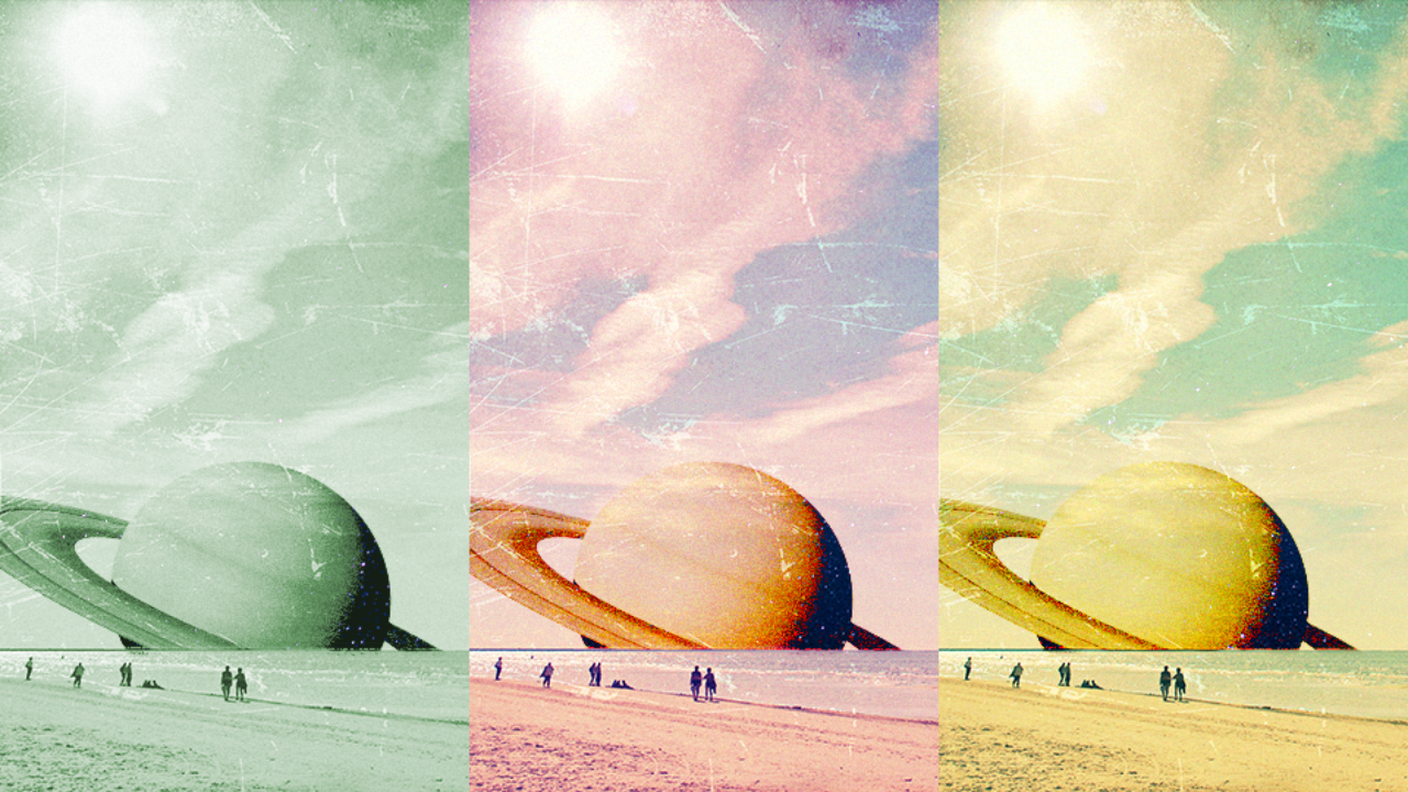 3 images of planet Saturn over a beach setting, in 3 different color schemes
