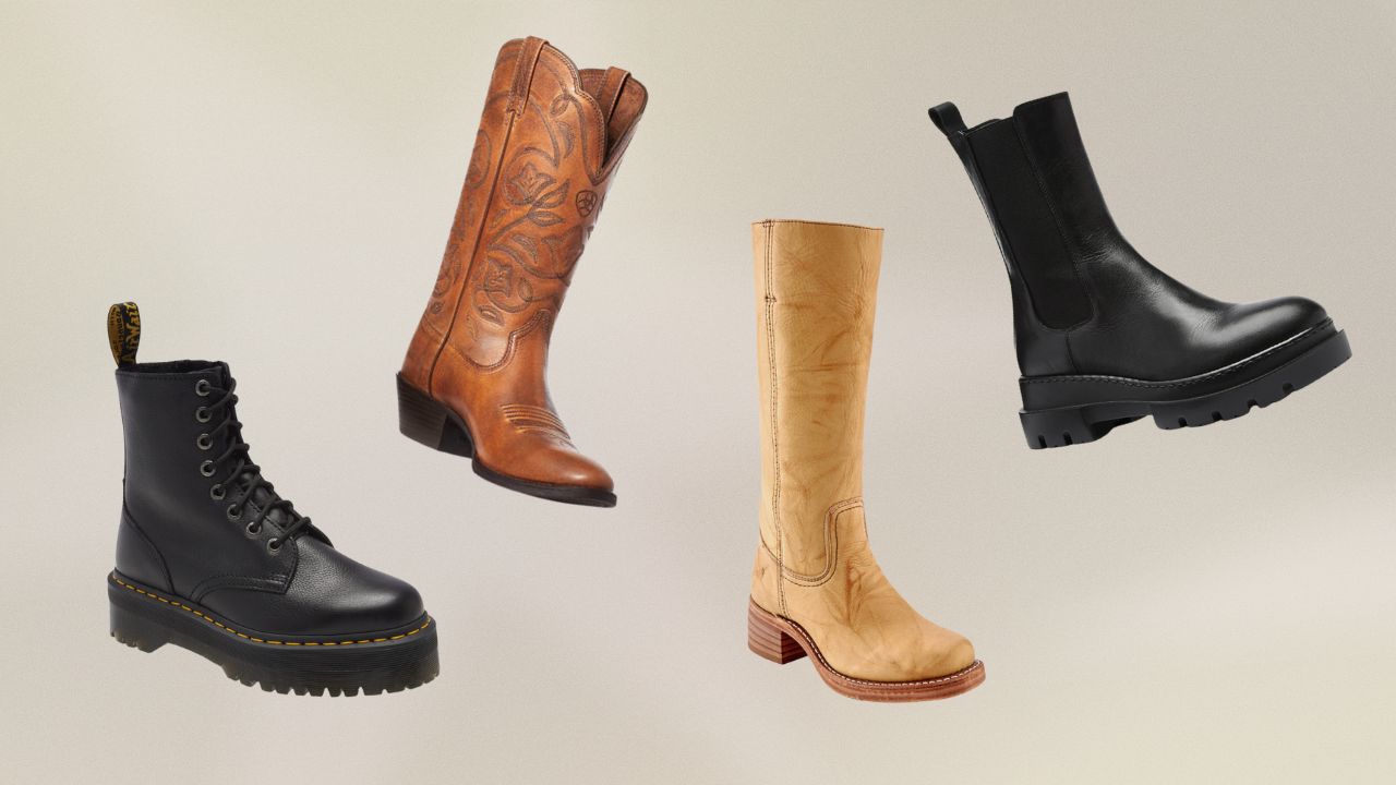 From left to right: Black Dr. Marten combat boots, brown Ariat boots, blonde knee-high Frye boots, black Chelsea boots from La Canadienne