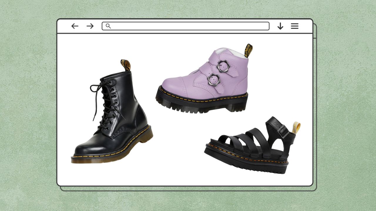 From Left to Right: Lace-up black Dr. Martens combat boots, lavender ankle boots with flower buckles, strappy Dr. Martens sandals.
