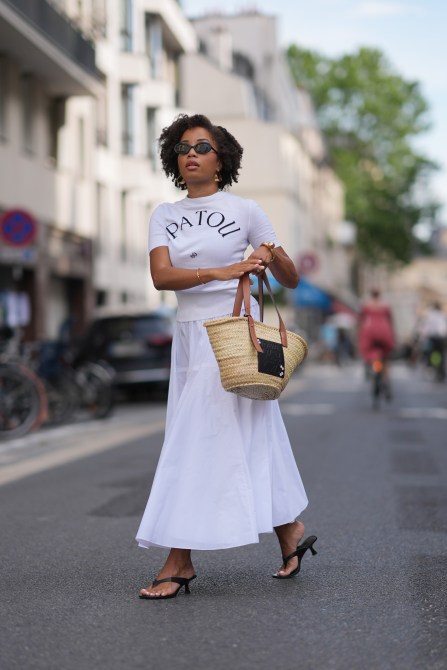 STYLECASTER | White T-Shirt, white skirt, straw bag and heels outfit