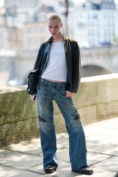 STYLECASTER | White T-shirt, leather jacket, and jeans outfit
