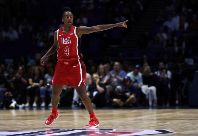 Jewell Loyd of The United States  during the 2024 USA Basketball Showcase match between USA Women and Germany Women at The O2 Arena on July 23, 2024 in London, England.