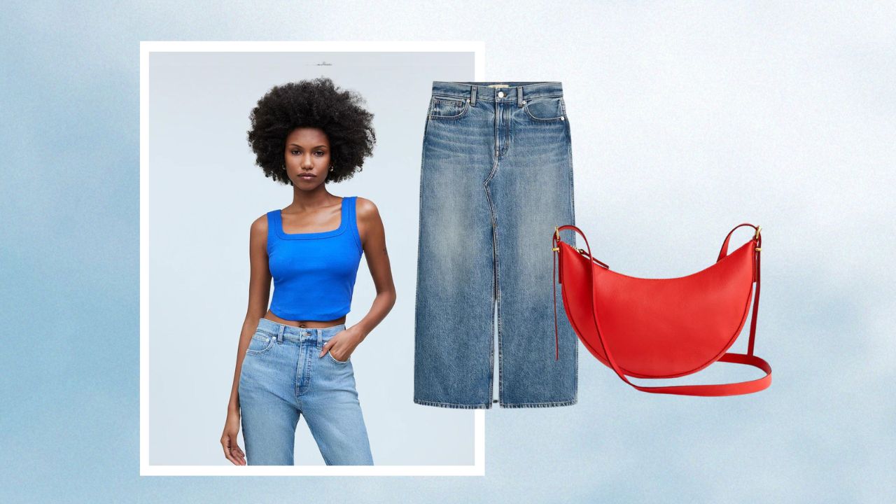 From left to right: A woman wearing a blue tank top and high-waisted jeans, a denim skirt, a red crescent-shaped leather bag