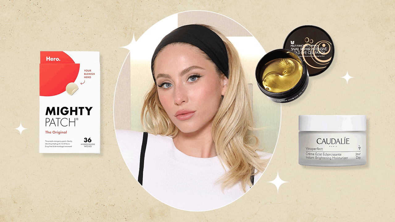 Alix Earle next to her most-used skincare products.