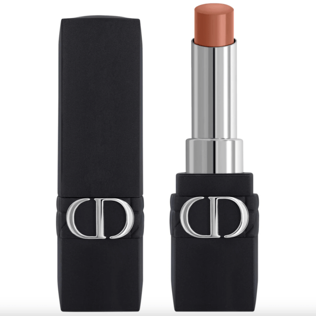 Rouge Dior Forever Lipstick in Forever Nude Touch in a black and silver tube.